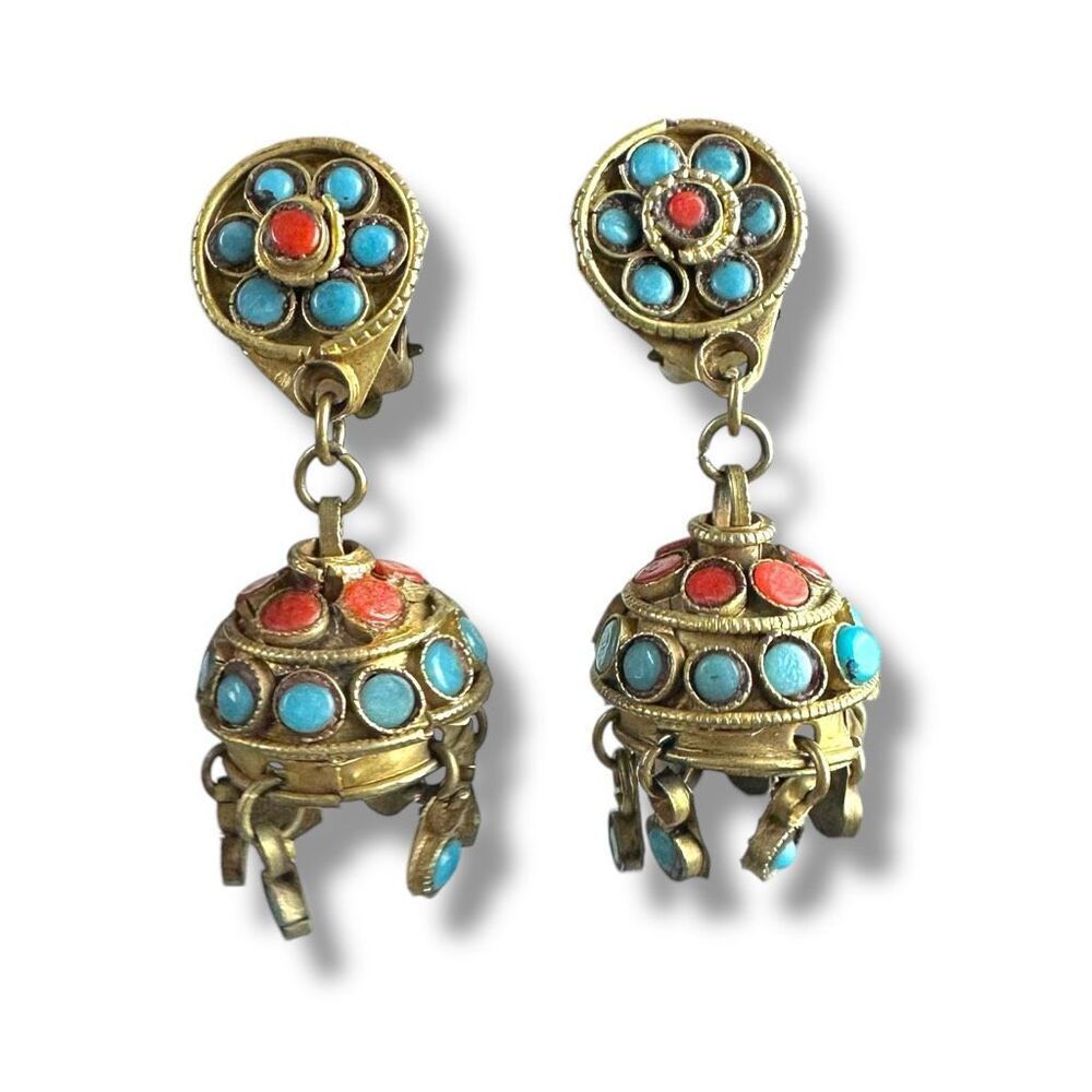 Vintage Himalayan Chandelier Earrings Turquoise Coral Gold Tone Clip On Nepal